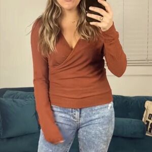 White Birch faux wrap surplice ribbed long sleeve top rust copper Fall